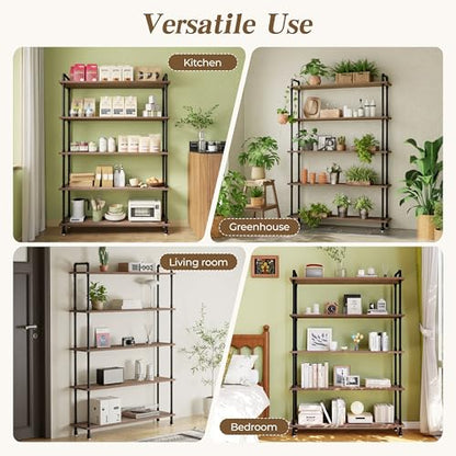 Industrial Bookshelf, Pipe Shelf Bookcase, 5 Tier, 48" Weathered Brown | Solid pine shelves, 48 inch wide, black pipe frame, 50 lbs per shelf, open bookcase for books, plants, office - color: Weathered Brown, size: 48"L × 70"H