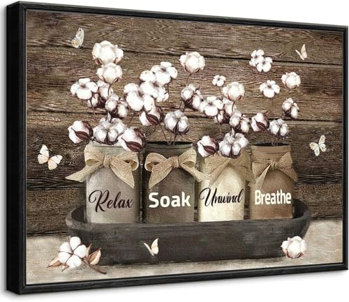 Framed Farmhouse Bathroom Wall Art Rustic Cotton Flower Bathroom Pictures Wall Decor Vintage Relax Soak Unwind Breathe Sign Painting Country Flower Bath Canvas Prints For Washroom Home 24x16 Inch - color: brown1, size: 16"L x 24"W