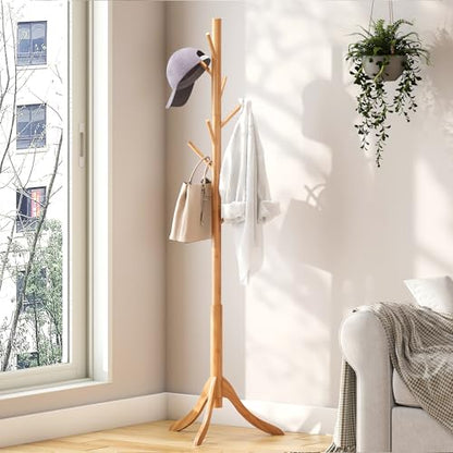 kiplant Coat Rack Freestanding, Bamboo Wood Coat Stand with 8 Hooks,3 Adjustable Size,Easy Assembly NO Tools Required, Coat Tree Hanger Stand for CoatsScarves in Hallway - color: Nature