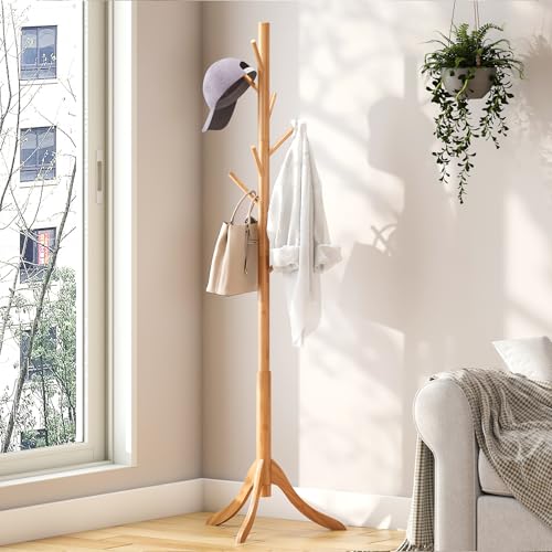 kiplant Coat Rack Freestanding, Bamboo Wood Coat Stand with 8 Hooks,3 Adjustable Size,Easy Assembly NO Tools Required, Coat Tree Hanger Stand for CoatsScarves in Hallway - color: Nature