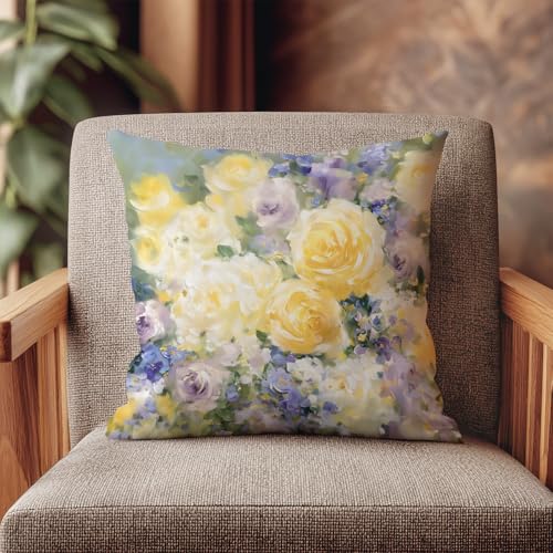Velvet Decorative Throw Pillow Covers,Watercolor Wash Floral Design Pillowcase,Square Cushion Cover for Sofa Living Room Bed,Summer Farmhouse Home Decor,18x18inch Double- Sided - color: Purple+yellow