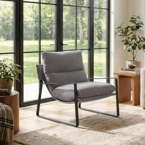 1-Pack Modern Accent Chair, Linen Living Room Chair, Grey | Comfy Armchairs, Upholstered Lounge Armchair, Removable Seat Cushion, Black Metal Frame, For Reading Room, Bedroom, Balcony - color: Grey, size: 1PC