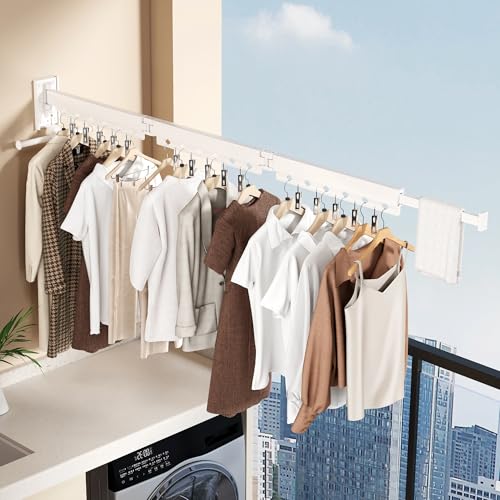 Wall Mounted Collapsible Clothes Drying Rack, Durable Space-Saving Laundry Drying Rack Clothing Hanger, Upgraded with Clips and Windproof Holes - style: Upgrde-White Rings with Clips