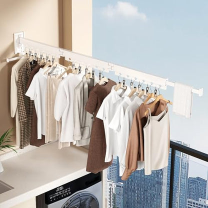 Wall Mounted Collapsible Clothes Drying Rack, Durable Space-Saving Laundry Drying Rack Clothing Hanger, Upgraded with Clips and Windproof Holes - style: Upgrde-White Rings with Clips