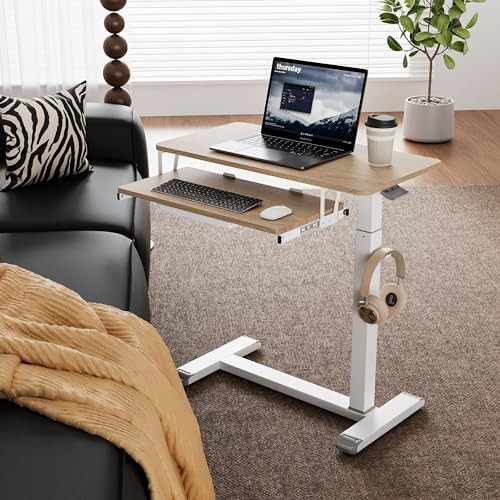 ETHU Height Adjustable Mobile Overbed Table with Keyboard Tray, Oak | Mobile Table Tray for Sofa Side, Hospital Bed Workstation Table for Home and Office Laptop Use, 30.31"Lx15.74"W - color: Oak
