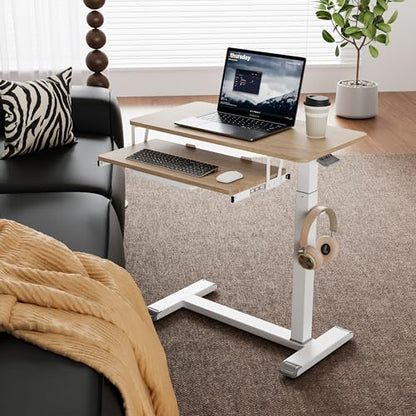 ETHU Height Adjustable Mobile Overbed Table with Keyboard Tray, Oak | Mobile Table Tray for Sofa Side, Hospital Bed Workstation Table for Home and Office Laptop Use, 30.31"Lx15.74"W - color: Oak