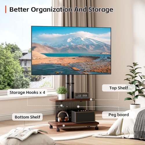 Mobile TV Cart on Wheels,Height Adjustable Rolling TV Stand for 32-85 inch TVs,with 5-Level Lift,35° Swivel,Portable Media Cart for Office,Outdoor | Height Adjustablewith 5-Level Lift,35° Swivel,Dual Shelves & Pegboard Storage,Portable Media Cart for Home