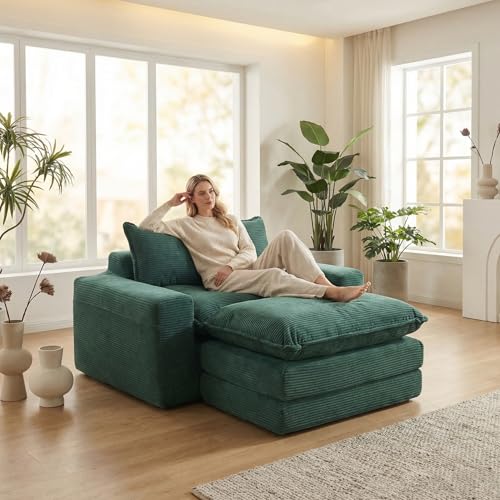 58" Sofa Bed with Ottoman, 3 in 1 Convertible Sofa Bed Folding Corduroy Boneless Sleeper Loveseat Mattress Futon Pull Out Couch Bed for Apartment Bedroom Living Room No Assembly 58-Green-L