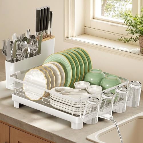 Runnatal Dish Drying Rack with Drainboard for Kitchen Counter and Sink | Large Dish Rack Rustproof Dish Drainer with Detachable 2-in-1 Utensil Holder, Extra Cup Holder, White - color: White, size: Standard