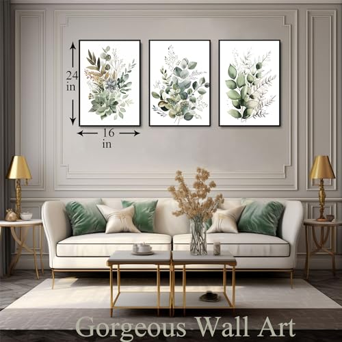 Sage Green Eucalyptus Framed Wall Art Set of 3, 16x24 inch | Watercolor Botanical Wall Decor, Sage Green Eucalyptus Leaf Prints, Bedroom Bathroom Living Room Art - color: Green, size: 16"x24" Black Framed