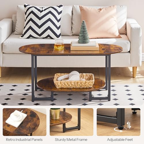 HOOBRO Coffee Table for Living Room, Oval Small Coffee Table with 2-Tier Open Storage Shelf, Industrial Cocktail Tea Table, Wooden Desktop Center Table, Farmhouse, Home Office, Rustic Brown BF09KF01 - color: Rustic Brown