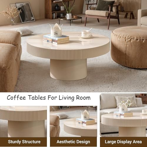 Round Drum Fluted Coffee Table (G) | Modern Wood Coffee Table with Circle Pedestal Center Tables Fluted Accent Tea Tables for Apartment Living Room - color: G