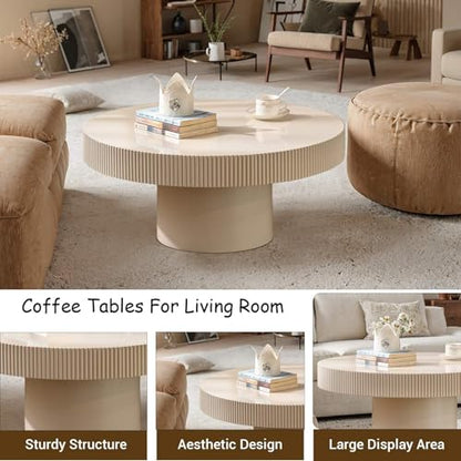 Round Drum Fluted Coffee Table (G) | Modern Wood Coffee Table with Circle Pedestal Center Tables Fluted Accent Tea Tables for Apartment Living Room - color: G