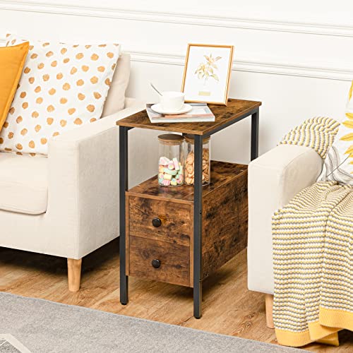 HOOBRO End Table, Narrow Chairside Table with Drawer and Open Storage Shelf, Nightstand for Small Spaces, Stable and Sturdy Construction, Wood Look Accent Furniture, Rustic Brown and Black BF548BZ01G3 - color: Rustic Brown + Black