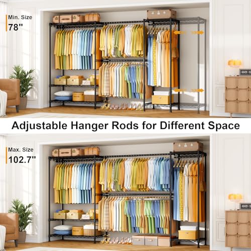 E17 Heavy-Duty Clothes Rack with 2 Expandable Hanging Rods, Black | (78-102.7)”W x 15.7”D x 76.6”H Adjustable Clothing Racks with Shelves, Metal Closet Wardrobe System for Hanging Clothes - color: Black