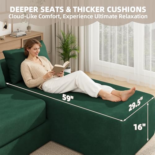 Boneless Sectional Couch, 4 in 1 Convertible Cloud Couch with Reversible Chaise & Deep Seat, Modular Sectional Sofa for Apartment, No Assembly Chenille Foam Couch in a Box, Green - color: Green, size: 89" Convertible Chaise Chenille