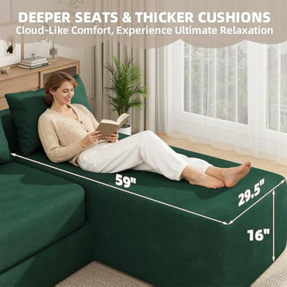 Boneless Sectional Couch, 4 in 1 Convertible Cloud Couch with Reversible Chaise & Deep Seat, Modular Sectional Sofa for Apartment, No Assembly Chenille Foam Couch in a Box, Green - color: Green, size: 89" Convertible Chaise Chenille