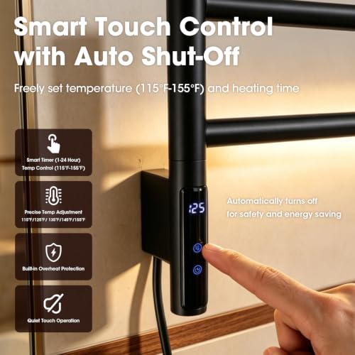 TRUSTMI 4-Swing Electric Towel Warmer with Timer, Matte Black | Rust-proof 304 SS warmer with carbon fiber heat, LED touch 24H timer, and 4 swing arms. Keeps bathroom towels dry - color: Matte Black