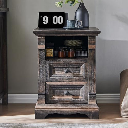 Farmhouse Nightstand Set of 2, 18" Sofa Side Table with Charging Station | Wood End Table w/Roman Column, Bedside Cabinet for Bedroom, Living Room, Dark Rustic Oak - color: Dark Rustic Oak, size: 18"D x 18"W x 24"H