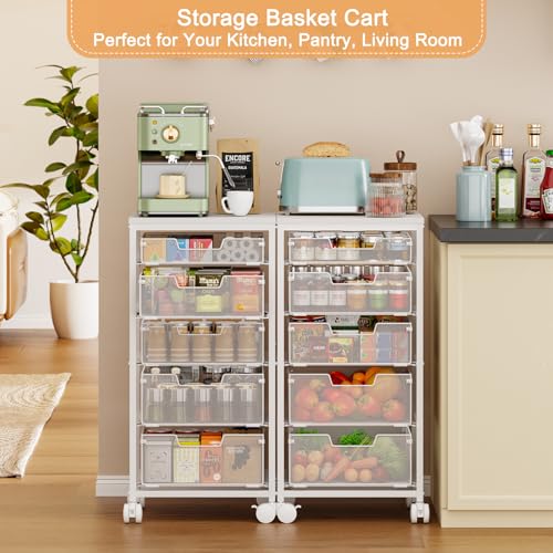 Kitchen Storage Cart with Wheels, 5-Tier Fruit Vegetable Storage Cart, Kitchen Organizer and Storage Cart with Drawers, Wooden Top Metal Wire Pantry Storage Cart for Fruit Snack Onion Potato, White - size: 5-Tier White