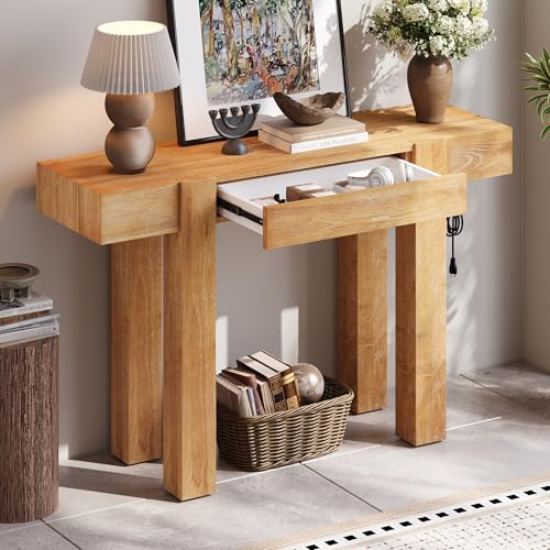 Rustic Console Table with Hidden Drawer, Wooden Sofa Table Behind Couch | Side Power Outlet,for Entryways, Living Room, Foyer, Natural - color: Nautral