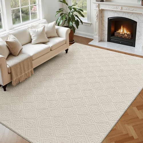 U'Artlines 6x9 Beige Washable Area Rug for Living Room | Soft Fluffy, High Low Textured Carpet, Modern Neutral, Geometric, Non Slip Rugs for Bedroom, Dining Room, Kids Room - size: 6 x 9ft