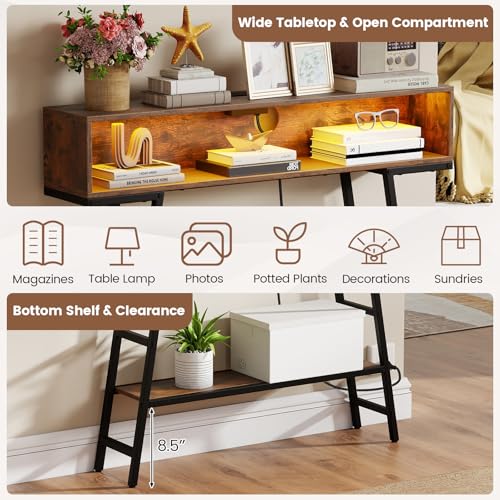 GIANTEX Modern Console Table with Charging Station & LED Lights | 40" Entryway Table w/ Storage Shelves, 3-Tier Display Shelf for Small Space, Sofa Table for Living Room, Rustic Brown + Black - color: Rustic Brown