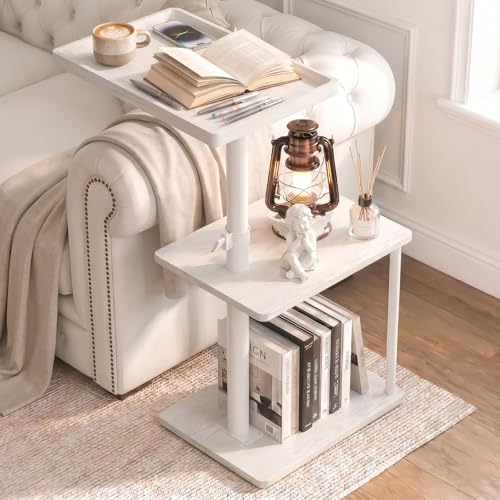 Faesun C Table End Table Adjustable Height, 360°Swivel TV Tray Table for Small Spaces, Small Nightstand for Living Room, Bedroom, White - color: White, size: Pro