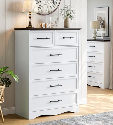 Farmhouse 6 Drawer Dresser, White Wood Chest of Drawers, 44" Tall Bedroom Storage Cabinet with Brushed Metal Handles, Closet Organizer for Bedroom, Living Room, Hallway - color: White, size: 15.7"D x 31.1"W x 44.3"H (6 Drawers)