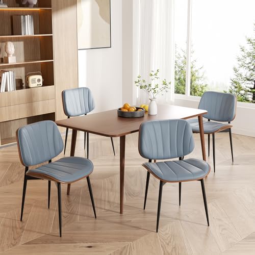 Dining Chair, Mid Century Modern Dining Room Chairs, Upholstered Faux Leather Kitchen Chairs with Walnut Bentwood Back and Metal Legs for Kitchen Dining Room Living Room, Blue - color: Blue, size: Set of 1