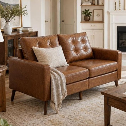 HNY Mid Century Modern 53" Loveseat Sofa, Comfy Upholstered Button Tufted Faux Leather 2 Seater Couch, Lounge Sleeper Love Seats for Small Spaces Living Room Apartment Bedroom, Brown