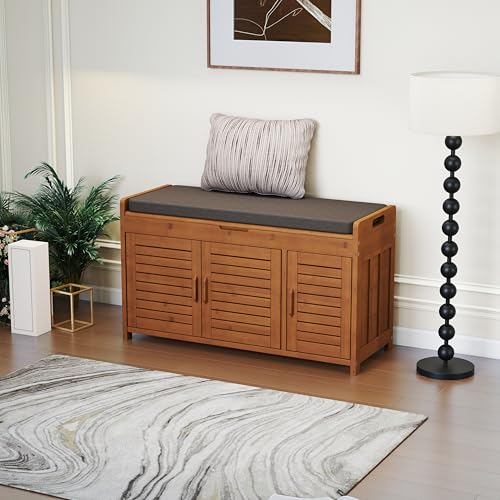 Wilk Shoe Bench with Storage, 2-Tier Shoe Cabinet with Padded Seat Cushion and 3 Darn Doors (38.2’’ (L) x 14.4’’ (W) x 19.7’’ (H)) - size: 38.5" (L) x 14.4" (W) x 19.7" (H)