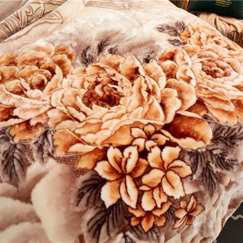 LGYKUMEG 11lb Heavy Plush Blanket, 79"x91", Winter Fleece, Fuzzy, Super Warm & Cozy, Embossed, Queen Size, 2 Ply Reversible Printed Raschel Bed Blanket - color: Peony Coffee, size: 79x91in/11lb