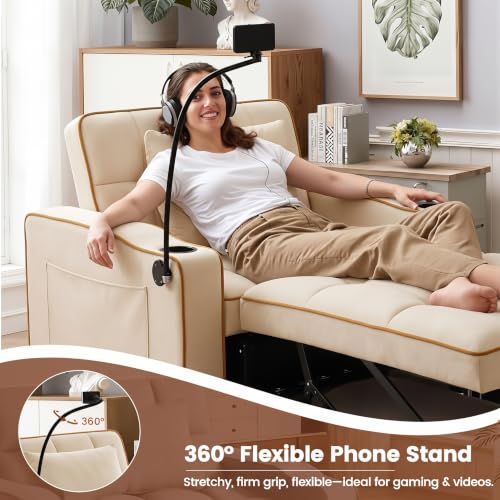 Sleeper Chair with USB Port, 3 In1 Pull Out Sofa Bed, White | Adjustable Backrest,Soft Cushioning,Handy Side Pocket,Cup Holders,Phone Holder - color: D-white-g2