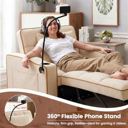 Sleeper Chair with USB Port, 3 In1 Pull Out Sofa Bed, White | Adjustable Backrest,Soft Cushioning,Handy Side Pocket,Cup Holders,Phone Holder - color: D-white-g2
