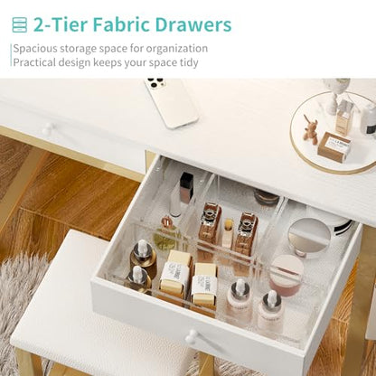Lufeiya Small Makeup Vanity Desk with Mirror and Light, 32 inch White Vanity Desks Sets with Fabric Drawers for Girls Teen, Dressing Table and Chair Set with Power Outlet for Bedroom, White Gold - style: White Gold