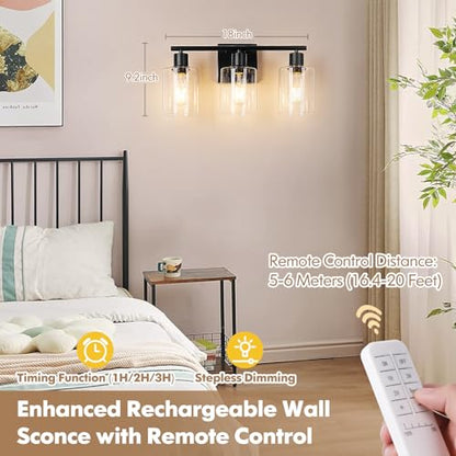 Battery Operated Wall Sconce, 3-Light Black Wireless Rechargeable Vanity Light Fixture with Remote & Bulbs, Dimmable Modern Indoor Non-Hardwired Wall Mounted Lamp for Bedroom, Living Room, Bathroom - color: Black