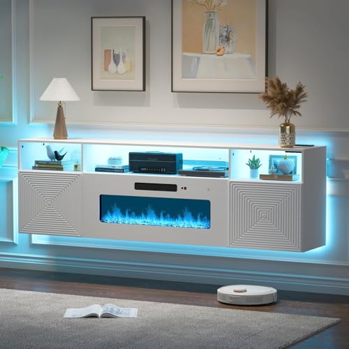 71" Floating TV Stand with 36" Electric Fireplace, Wall Mounted Fireplace Entertainment Center with LED Lights, Mid Century Modern Media Console for TVs Up to 80", White - color: White, size: With Fireplace