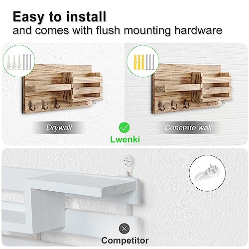 Lwenki Mail Organizer for Wall Mount – Key Holder with Shelf Includes Letter Holder and Hooks for Coats, Dog Leashes – Rustic Wood with Flush Mounting Hardware (16.5” x 8.7” x 3.5”) (Wood) - color: Wood