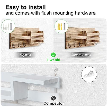 Lwenki Mail Organizer for Wall Mount – Key Holder with Shelf Includes Letter Holder and Hooks for Coats, Dog Leashes – Rustic Wood with Flush Mounting Hardware (16.5” x 8.7” x 3.5”) (Wood) - color: Wood