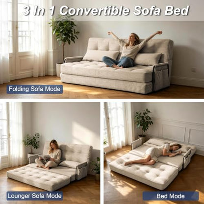 Futon Sofa Bed,Convertible Sofa Bed,Folding Boneless Couches | 3-in-1 Folding Sofa Bed,Boneless Couches for Living Room with Pillow & Side Pocket,High-density Foam,Double Sleeper,Beige - color: Beige, size: Full