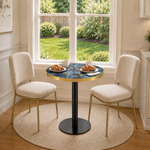 TesNus 23.6" Small Round Dining Table for 2, Circle Tulip Table, Faux Marble Top with Black Metal Pedestal Base, Modern Leisure Coffee Table for Small Spaces, Cafe, Office, Blue&Black - color: Blue Top&black Base