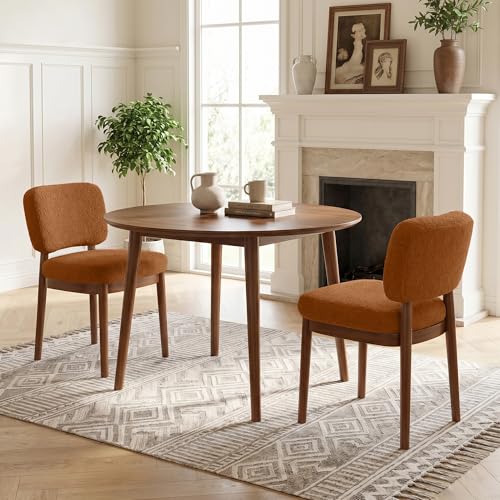 Wooden Dining Chairs Set of 2, Boucle Upholstered Kitchen Chairs with Solid Wood Legs, Mid Century Modern Dining Chairs, Farmhouse Side Chair with Hardwood Frame for Dining Room, Brown - color: Brown, size: Set of 2