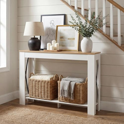 Farmhouse Console Table, 39.4'' Small Narrow Entryway Table, Wood Couch Table Behind Sofa with Storage Shelf, Slim Farmhouse Hallway Table for Hallway, Foyer, White & Light Walnut CT34WV - color: White + Light Walnut