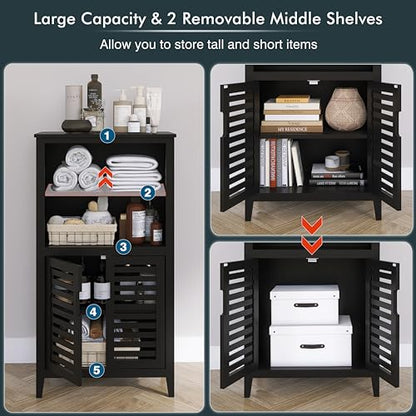 HITNET Black Bathroom Storage Cabinet, Freestanding Bamboo Floor Cabinet 5 Tier Tall Kitchen Cupboard with Door and Removable Shelves - color: Black