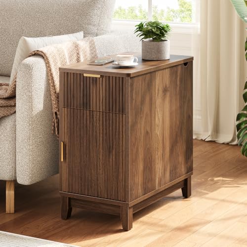 Yoobure End Table with Charging Station - Narrow Side Table for Living Room, Fluted Night Stand with Drawer and Storage Cabinet, Wood Nightstand with Adjustable Shelf for Bedroom Small Spaces, Walnut - color: Walnut