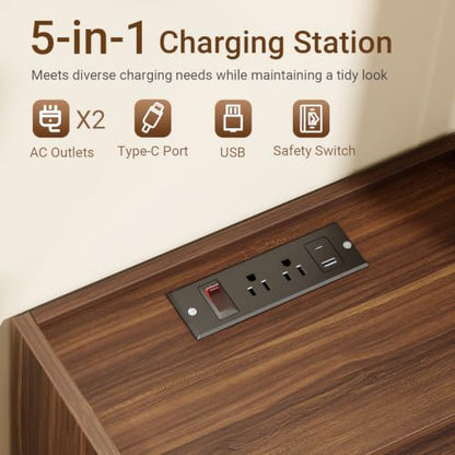 SoBuy Floating Nightstand with Charging Station and LED – Wall Mounted Bedside Table with Drawer and Shelf, Modern Floating Nightstand for Bedroom and Living Room, Walnut Wood Finish FBT180-E-N - color: Walnut, size: Wall Mounted
