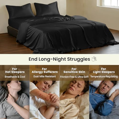 THXSILK Luxury Full Silk Duvet Cover Set 3 Pieces, Extra Soft, Breathable & Cooling Bedding Set, Machine Washable & Durable, 1 Duvet Cover & 2 Pillowcases with Zipper Closure(Black) - color: Black, size: Full (3 pcs)