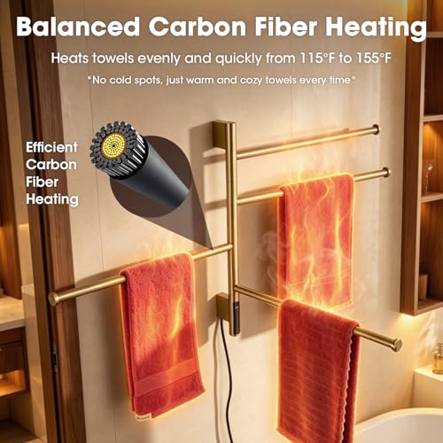 TRUSTMI 4-Swing Electric Towel Warmer with Timer, Brushed Gold | Rust-proof 304 SS warmer with carbon fiber heat, LED touch 24H timer, and 4 swing arms. Keeps bathroom towels dry - color: Brushed Gold