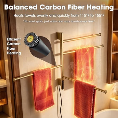 TRUSTMI 4-Swing Electric Towel Warmer with Timer, Brushed Gold | Rust-proof 304 SS warmer with carbon fiber heat, LED touch 24H timer, and 4 swing arms. Keeps bathroom towels dry - color: Brushed Gold